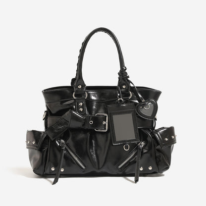 Black handbag with interior storage pocket