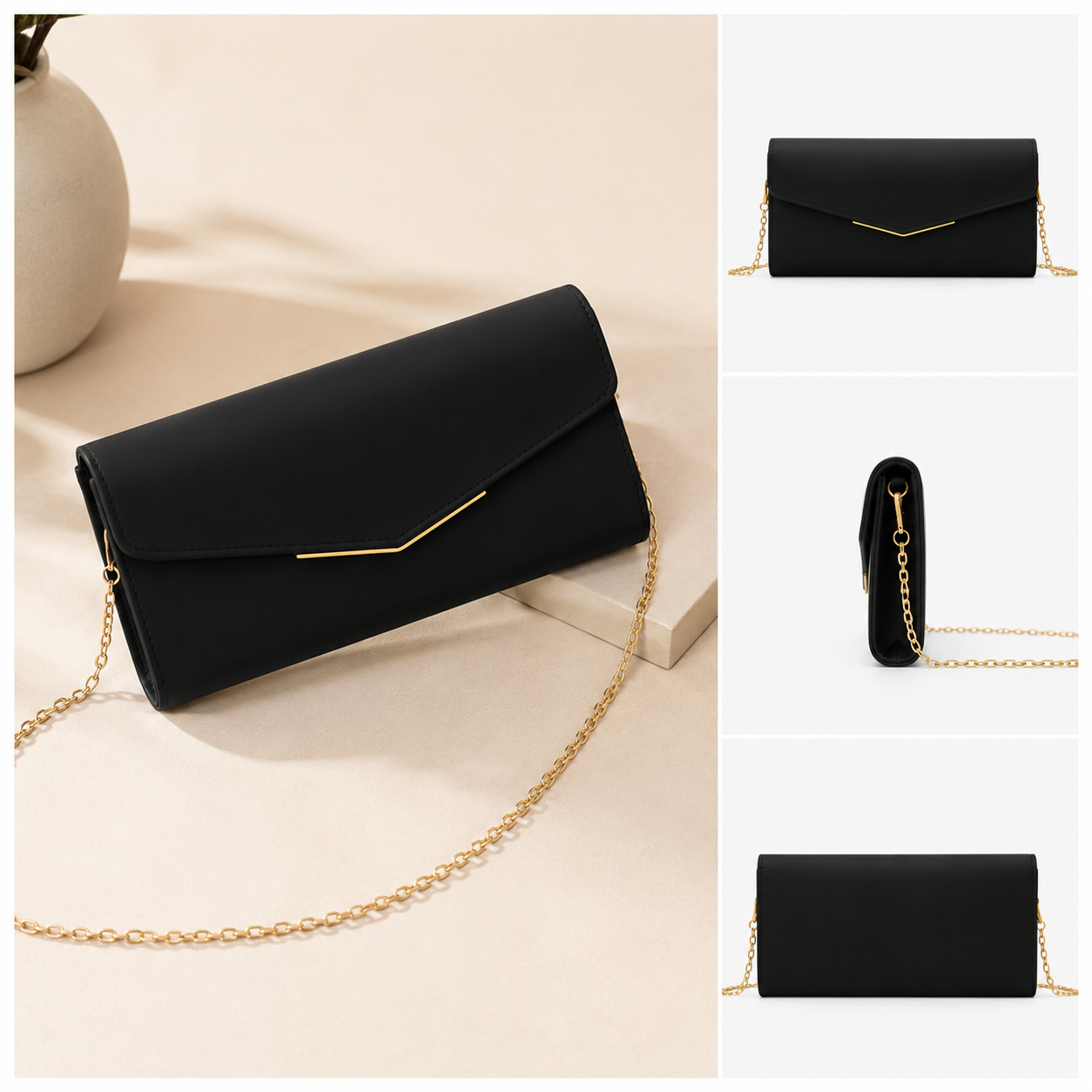 Women's black envelope clutch bag with gold chain shoulder strap