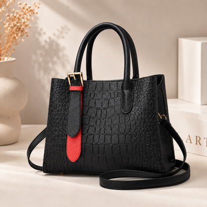 Women's black glossy handbag with multiple pockets and shoulder straps