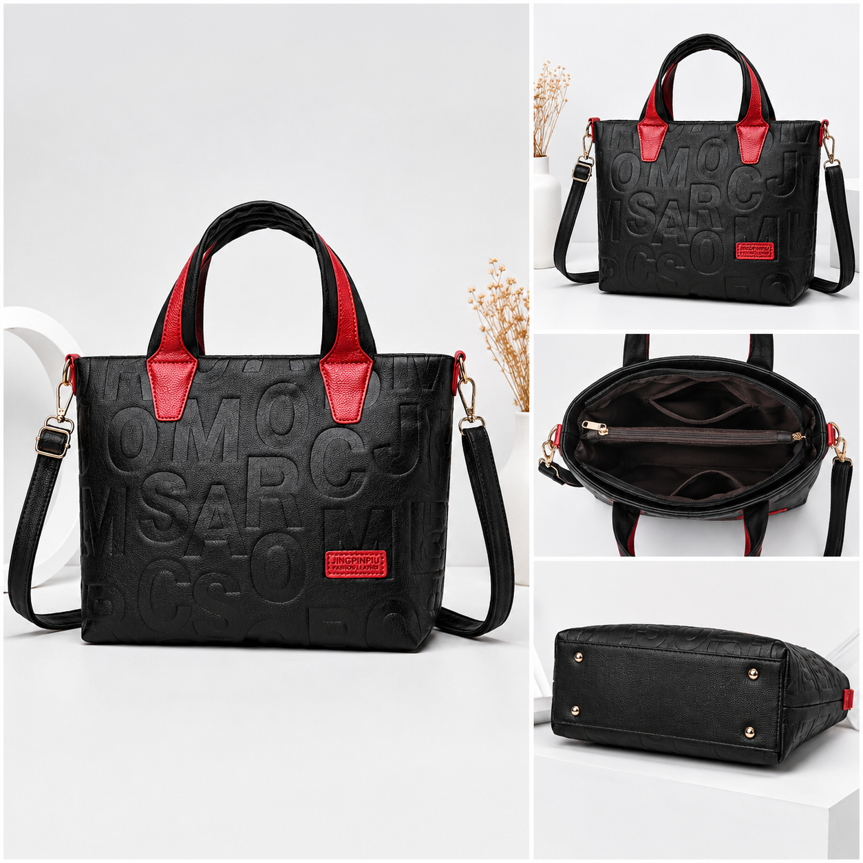 Women's black tote bag with red handles and adjustable shoulder strap