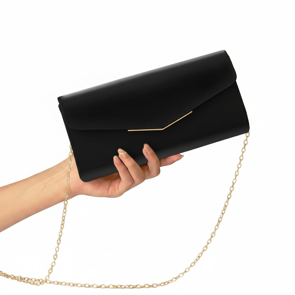 Black envelope-style crossbody bag with chain strap side view"
